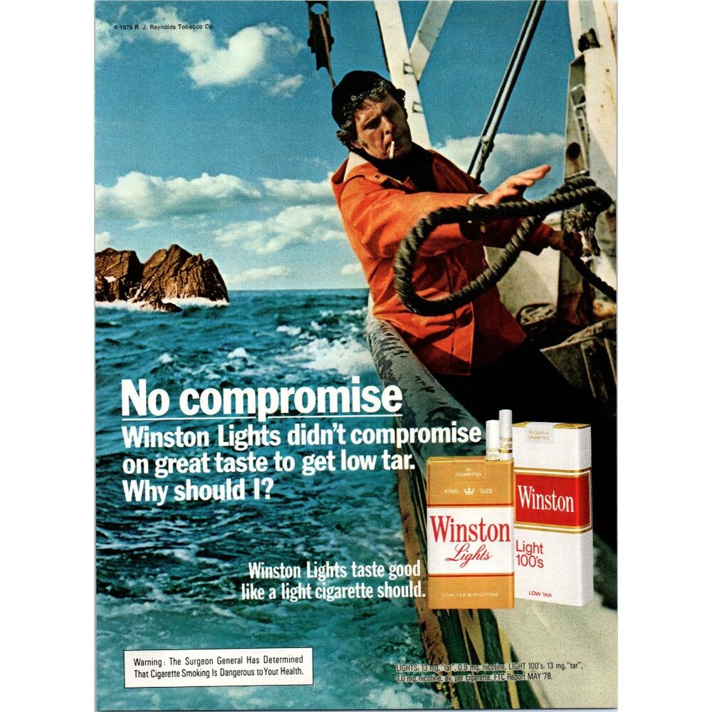 1980 Winston Lights Cigarettes Vintage Print Ad Fishman Fishing Boat Wall Art